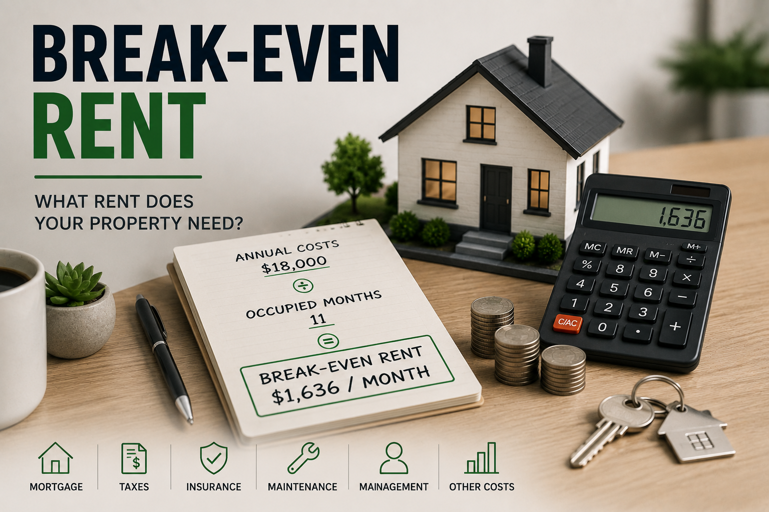 Break-even rent calculator showing annual property costs, occupied months, and the minimum monthly rent needed for a rental property to cover its expenses.