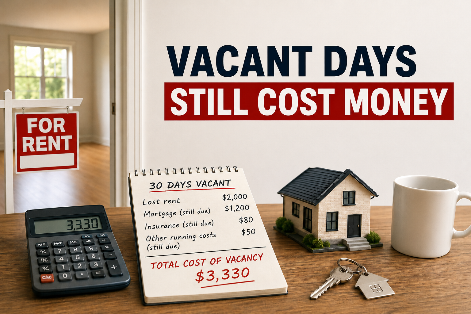 Rental property vacancy cost calculator showing an empty apartment, lost rent, mortgage, insurance and running costs totaling $3,330 for 30 vacant days.