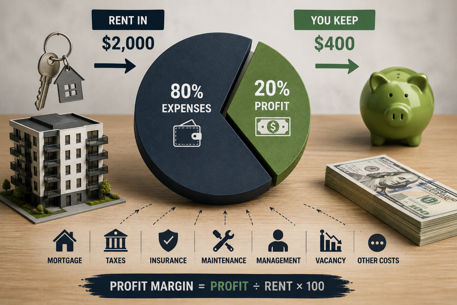 Rental property profit margin showing how rental income is reduced by landlord expenses to reveal the actual monthly profit a landlord keeps.