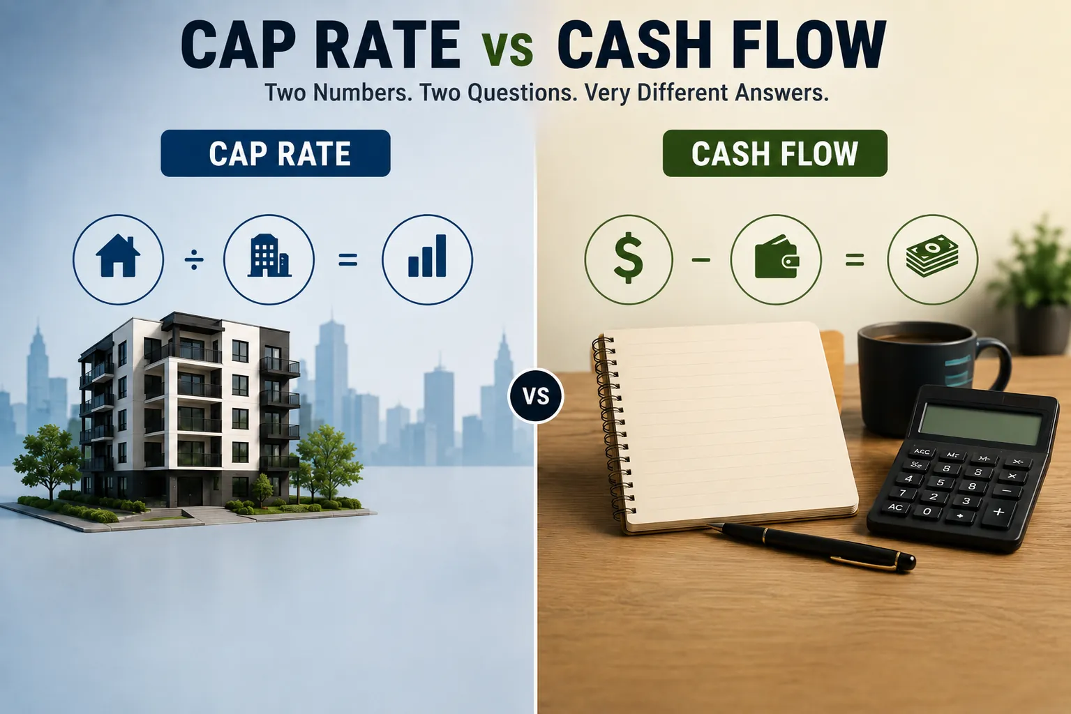 Cap rate vs cash flow comparison for rental properties, showing how cap rate measures property performance while cash flow reflects money left after expenses.