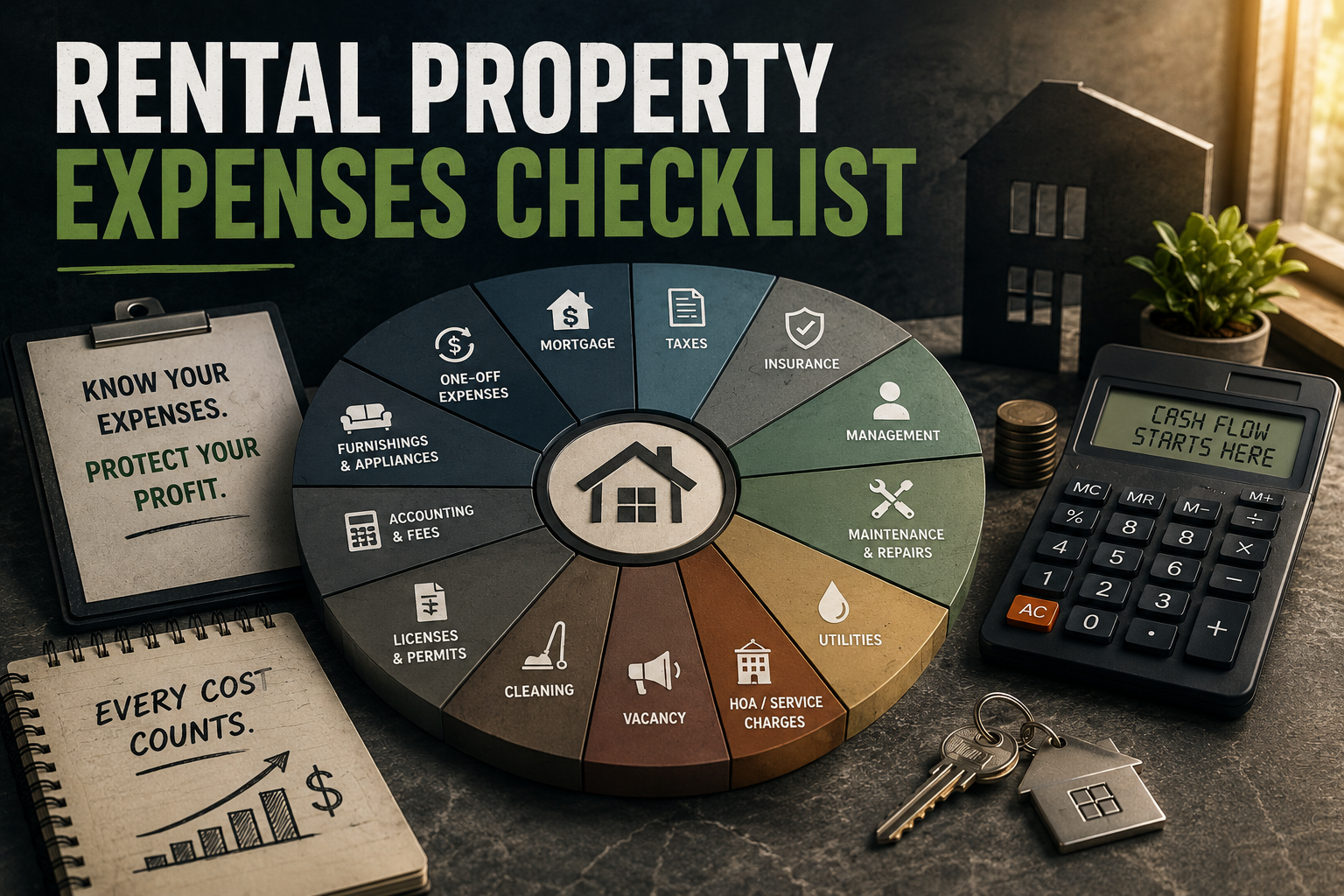Rental property expenses checklist showing common landlord costs including mortgage, taxes, insurance, maintenance, management, vacancy, utilities, and other rental property expenses.