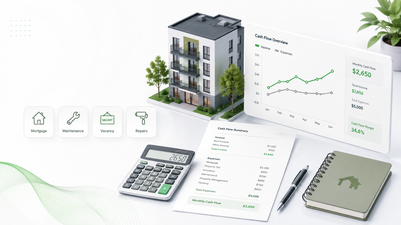 Rental property cash flow dashboard showing income, expenses, mortgage, maintenance, vacancy, repairs, and monthly cash flow calculations for landlords.