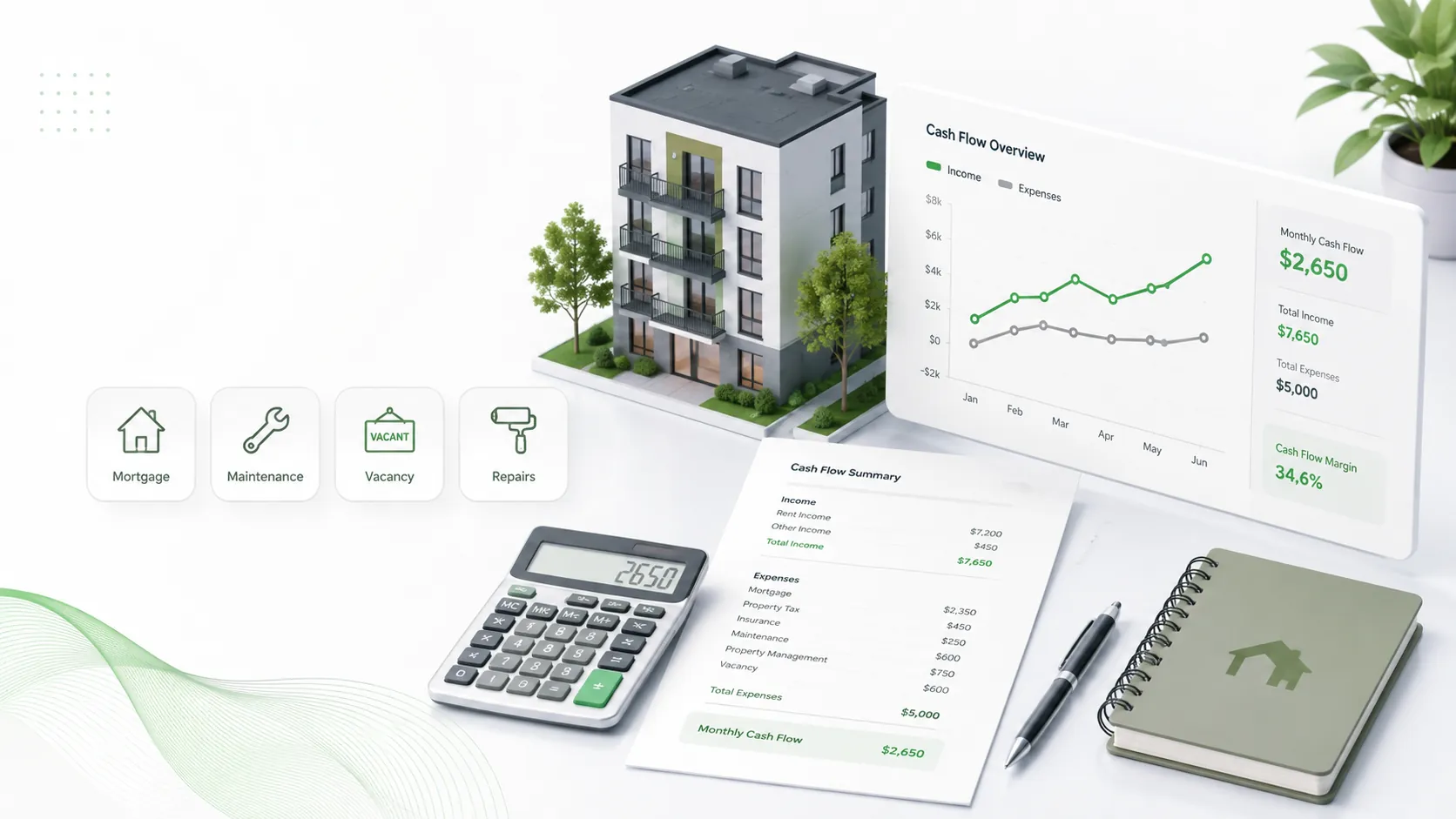 Rental property cash flow dashboard showing income, expenses, mortgage, maintenance, vacancy, repairs, and monthly cash flow calculations for landlords.
