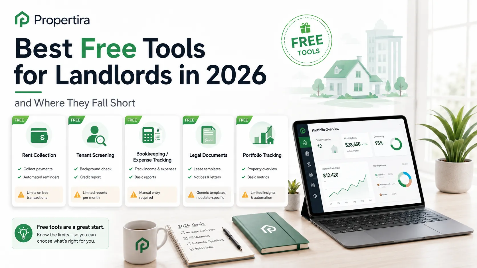 Best free landlord tools for 2026, including rent collection, tenant screening, bookkeeping, legal documents, and rental property portfolio tracking.