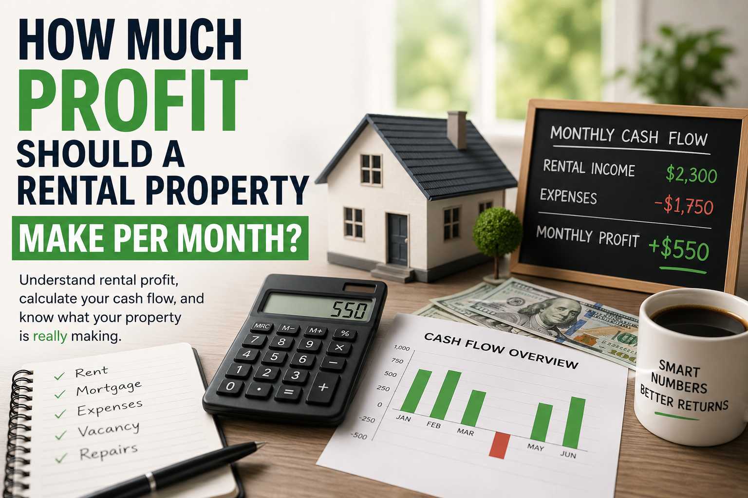 Rental property profit and monthly cash flow example showing rental income, expenses, vacancy, repairs, calculator, and estimated monthly profit.