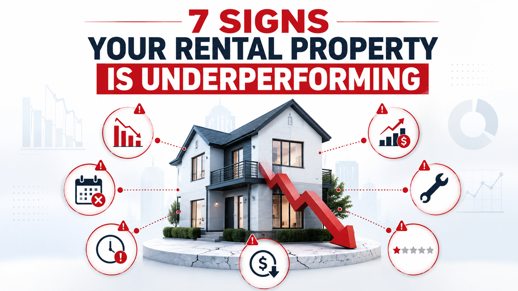7 signs a rental property is underperforming, illustrated with a house, falling cash flow arrow, rising expenses, vacancy, repairs and declining rental performance indicators.