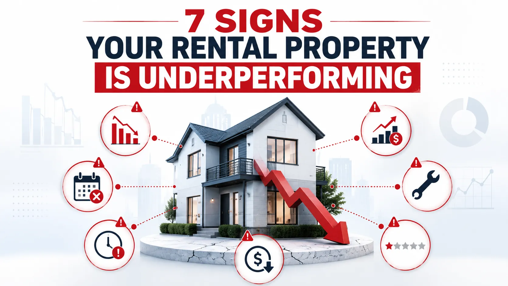 7 signs a rental property is underperforming, illustrated with a house, falling cash flow arrow, rising expenses, vacancy, repairs and declining rental performance indicators.