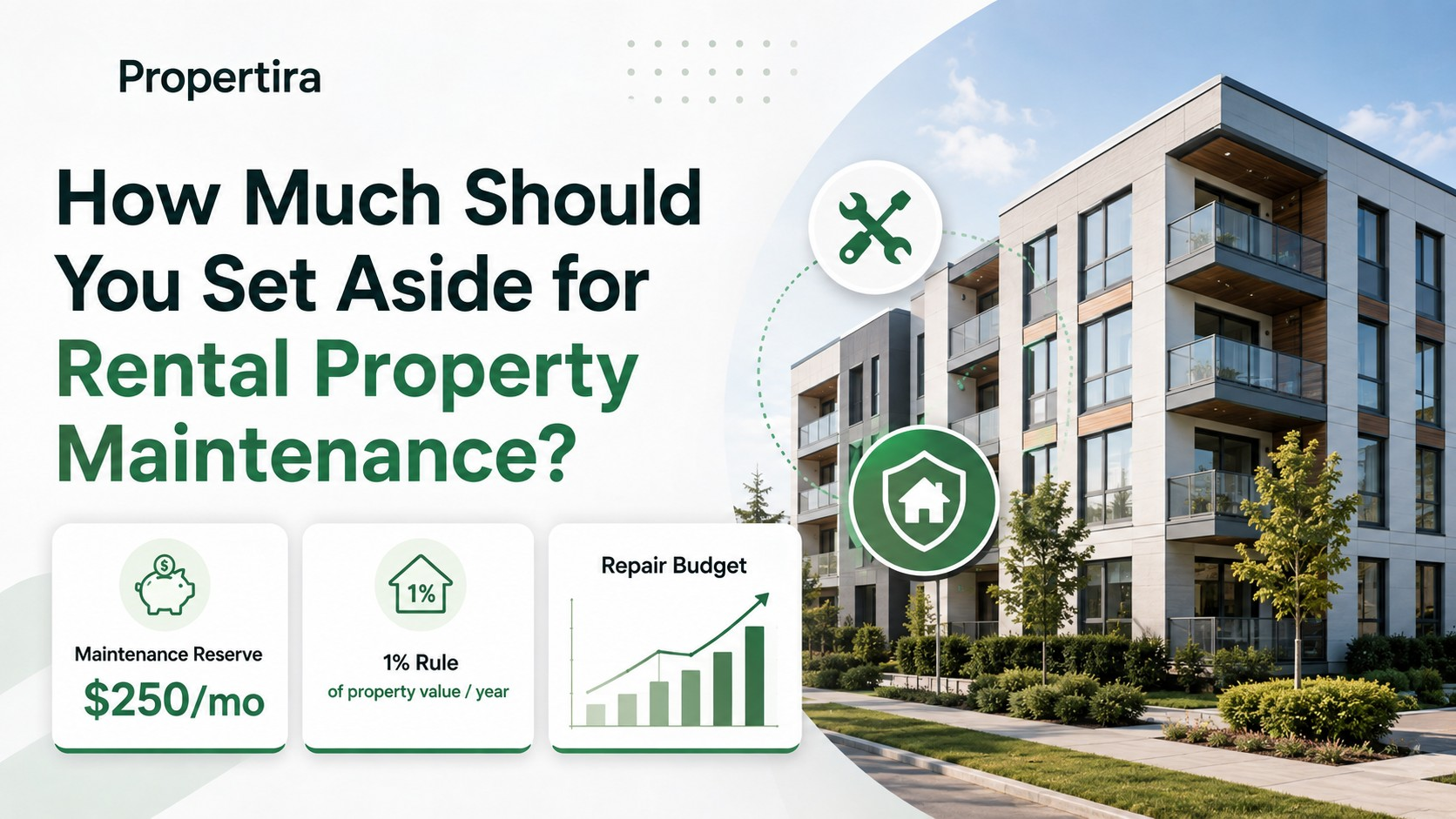 Rental property maintenance budget showing a $250 monthly reserve, the 1% maintenance rule, repair costs, and a modern rental property.