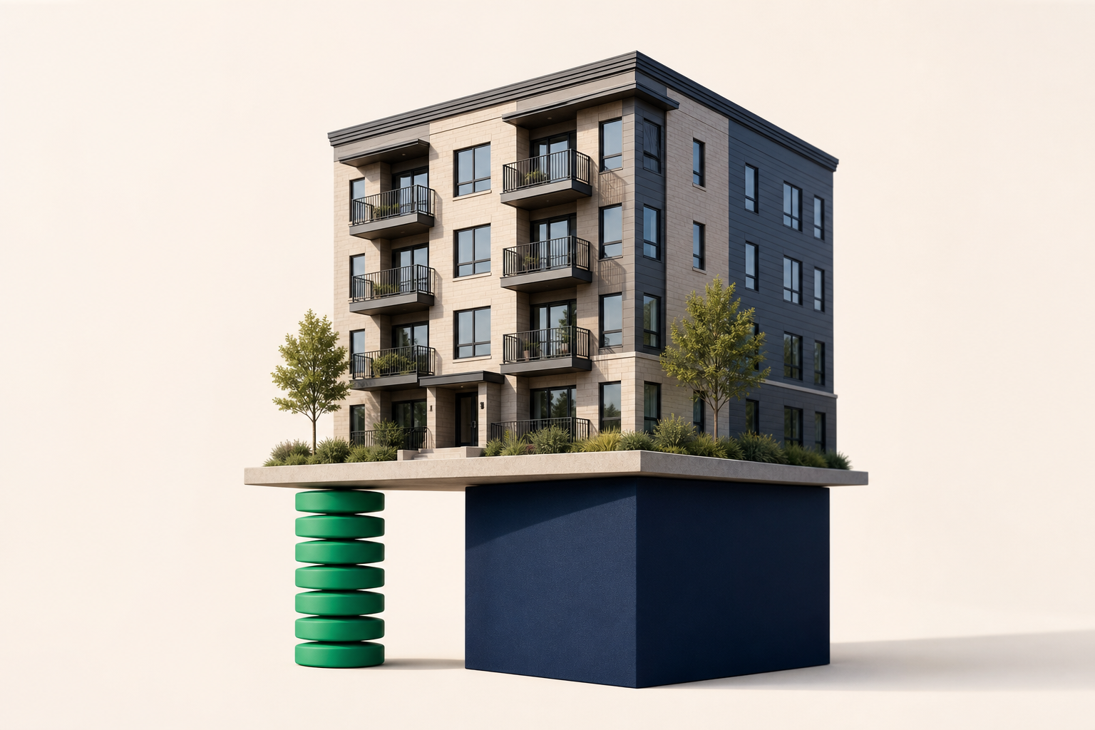 An isometric miniature apartment building resting on dual pedestals: a stack of thin emerald discs and a solid deep-navy foundation block on a white background.