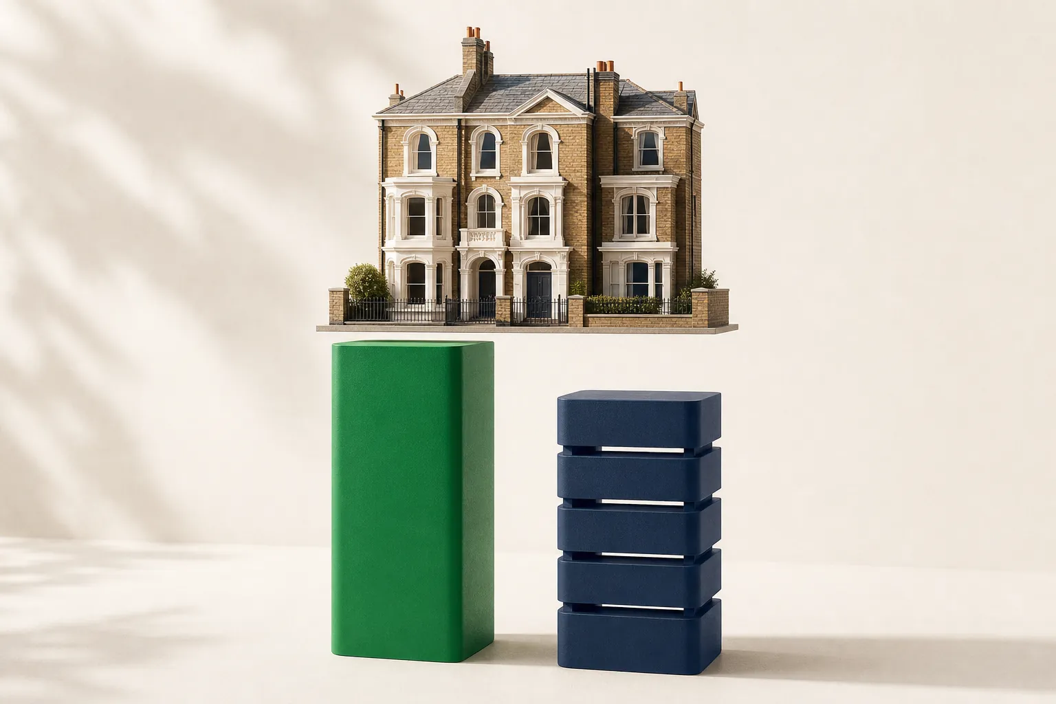 An architectural model of a period brick building perched above two mismatched navy and emerald measuring plinths on a pale off-white background.