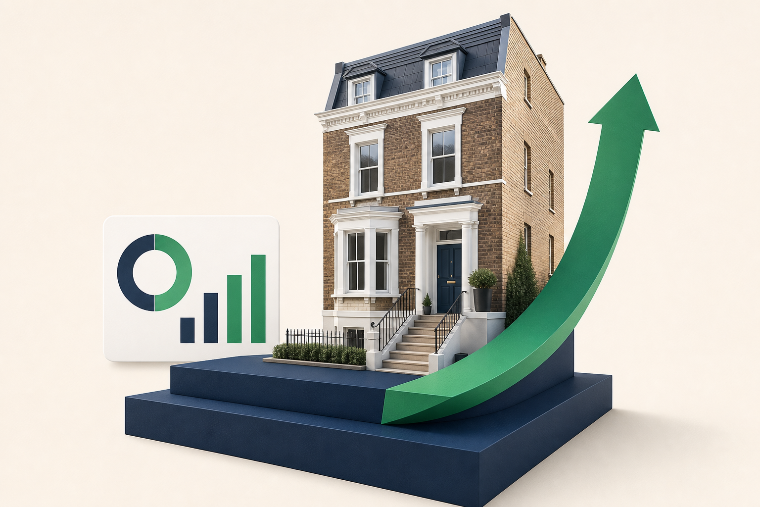 A realistic brick townhouse on a navy geometric base beside a smooth emerald green return curve against a light background.