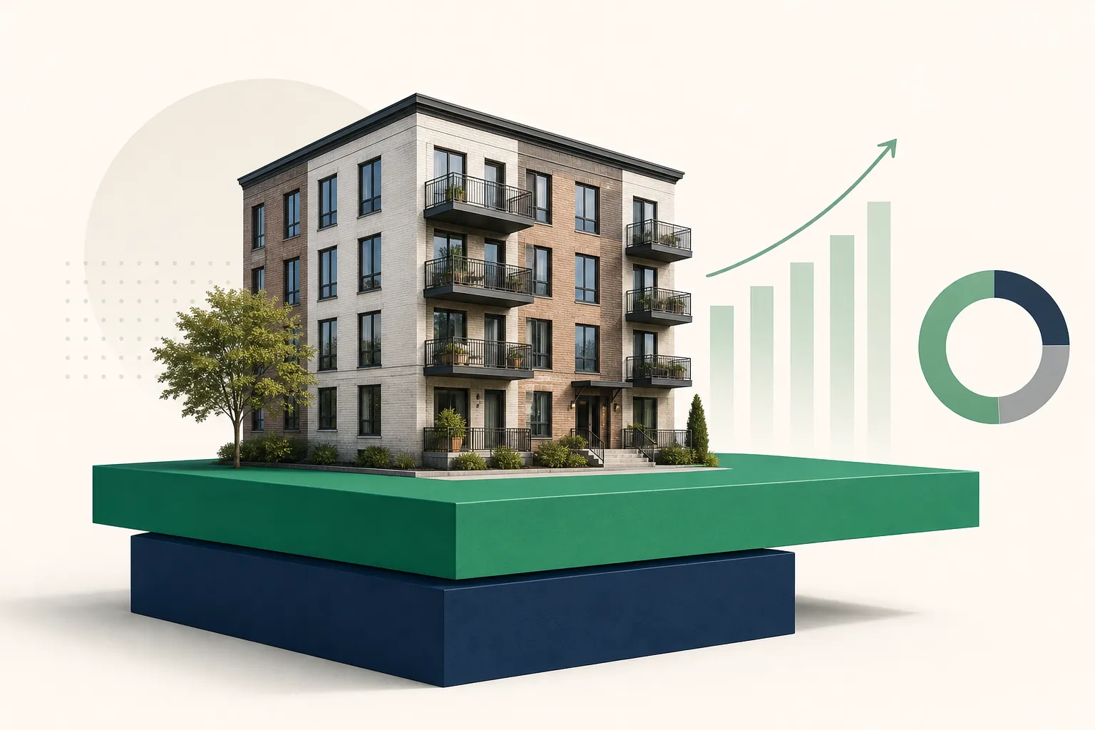 An architectural model of a small multifamily building resting on an emerald green platform that extends beyond a solid navy foundation block.