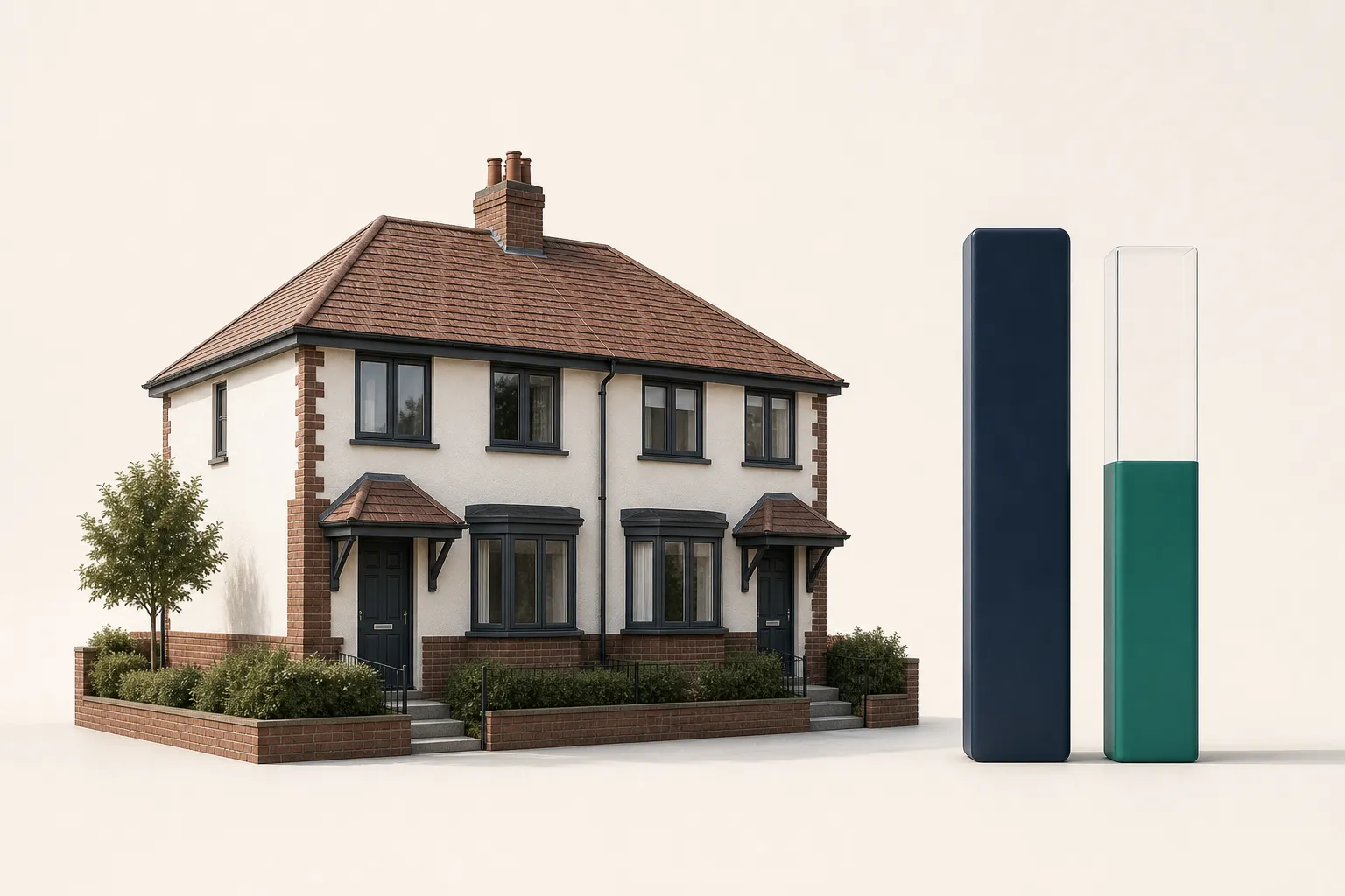 Suburban semi-detached rental house model next to two vertical columns comparing full physical occupancy with a reduced emerald revenue gauge.