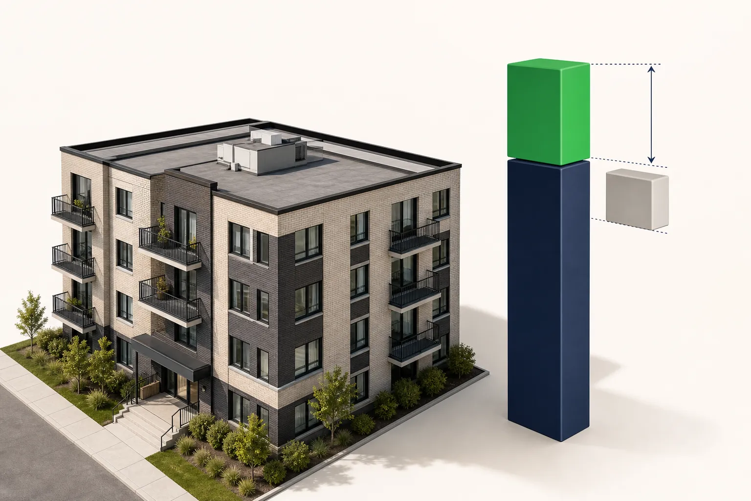 A miniature multifamily building beside a structured navy and emerald revenue column demonstrating deductions and additions to determine actual rental income.