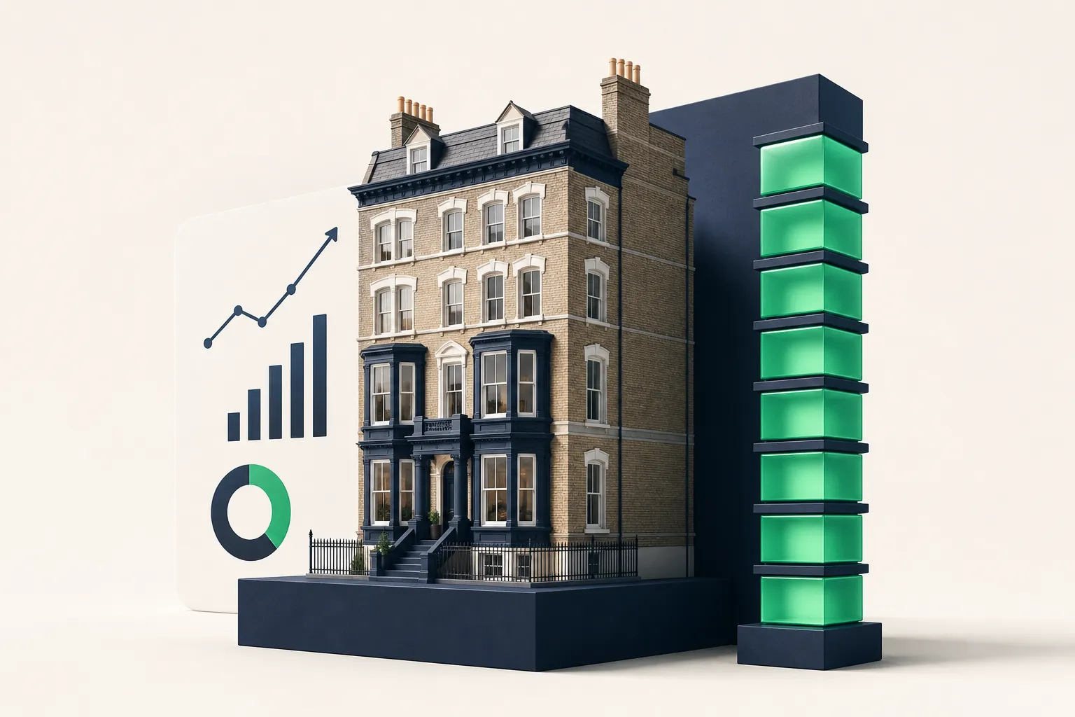 Isometric miniature period rental building alongside a modular vertical stack of uniform emerald blocks against a pale off-white studio background.