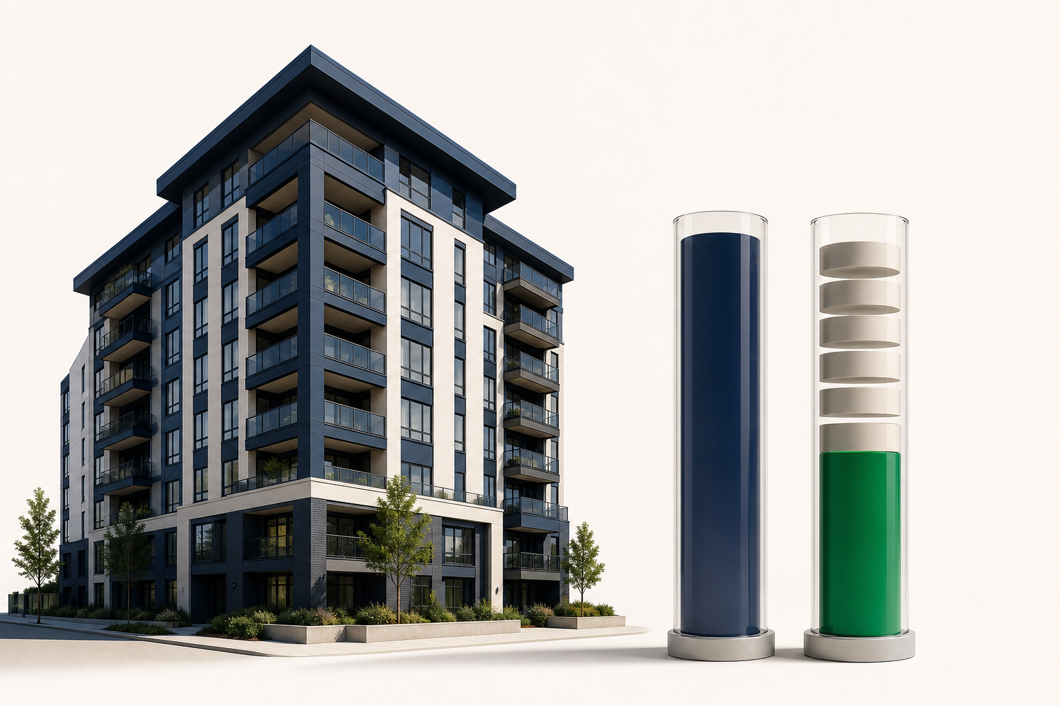 An architectural model of a modern apartment building beside two comparative finance pillars, isolating a solid green net yield block.