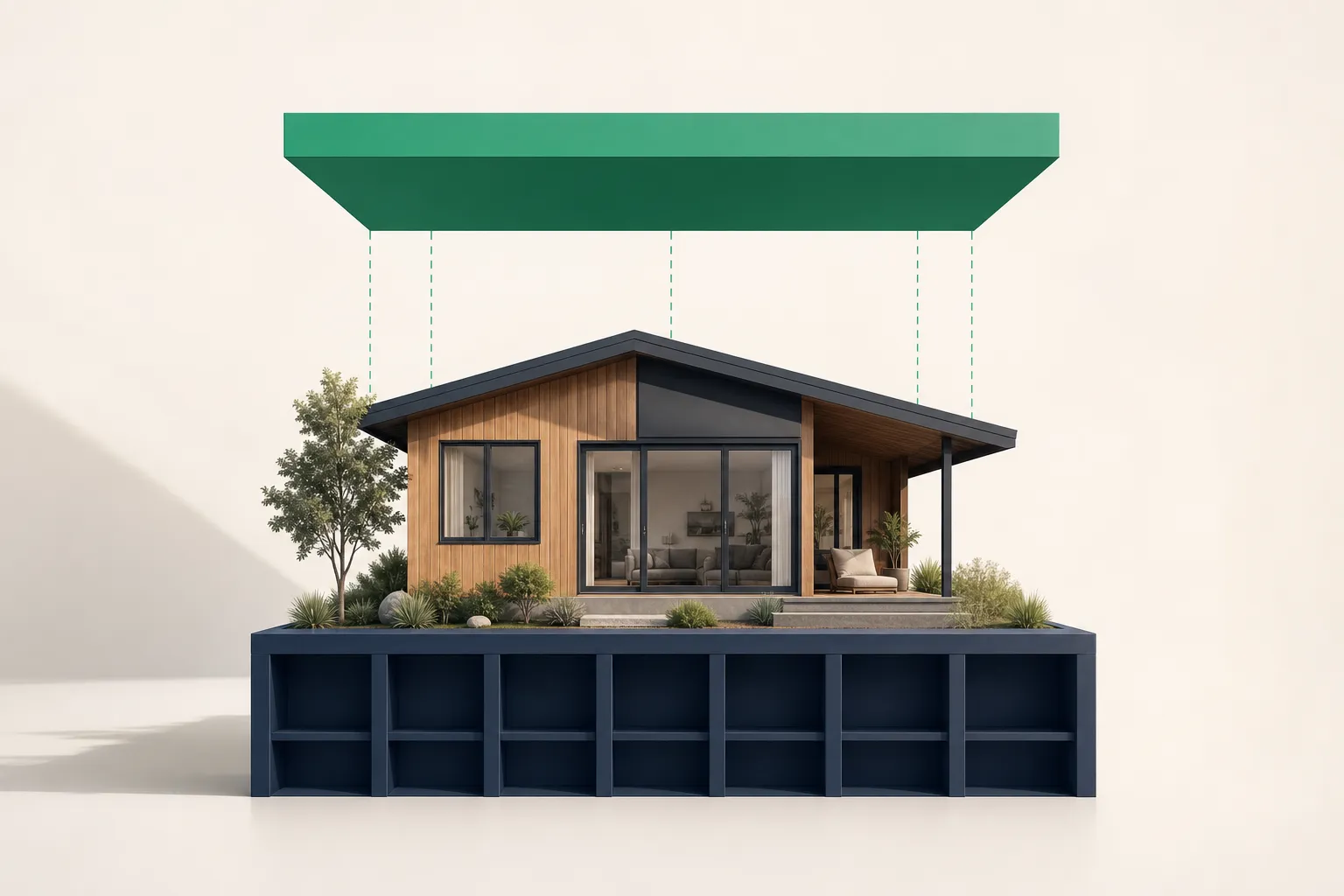 A miniature modern rental house resting on a solid navy base block, elevated by a single emerald green platform against a warm off-white background.