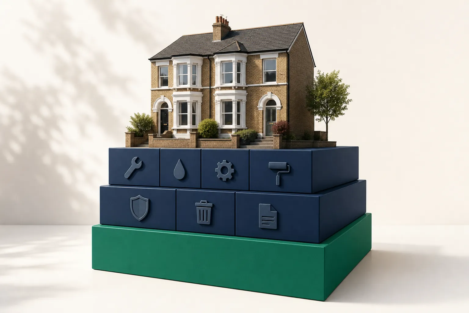 A realistic miniature suburban semi-detached rental house resting on a clean plinth divided into navy expense blocks and an emerald net operating income base.