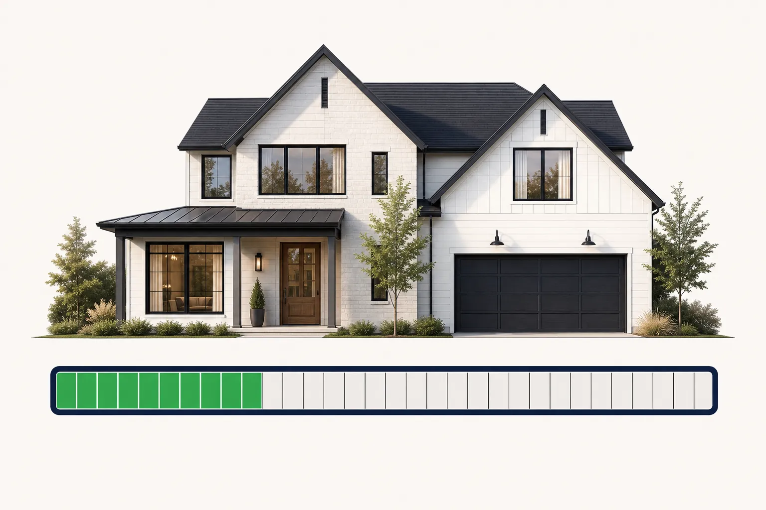Architectural model of a modern rental home set above a segmented horizontal timeline bar highlighting a partial emerald green occupancy period.