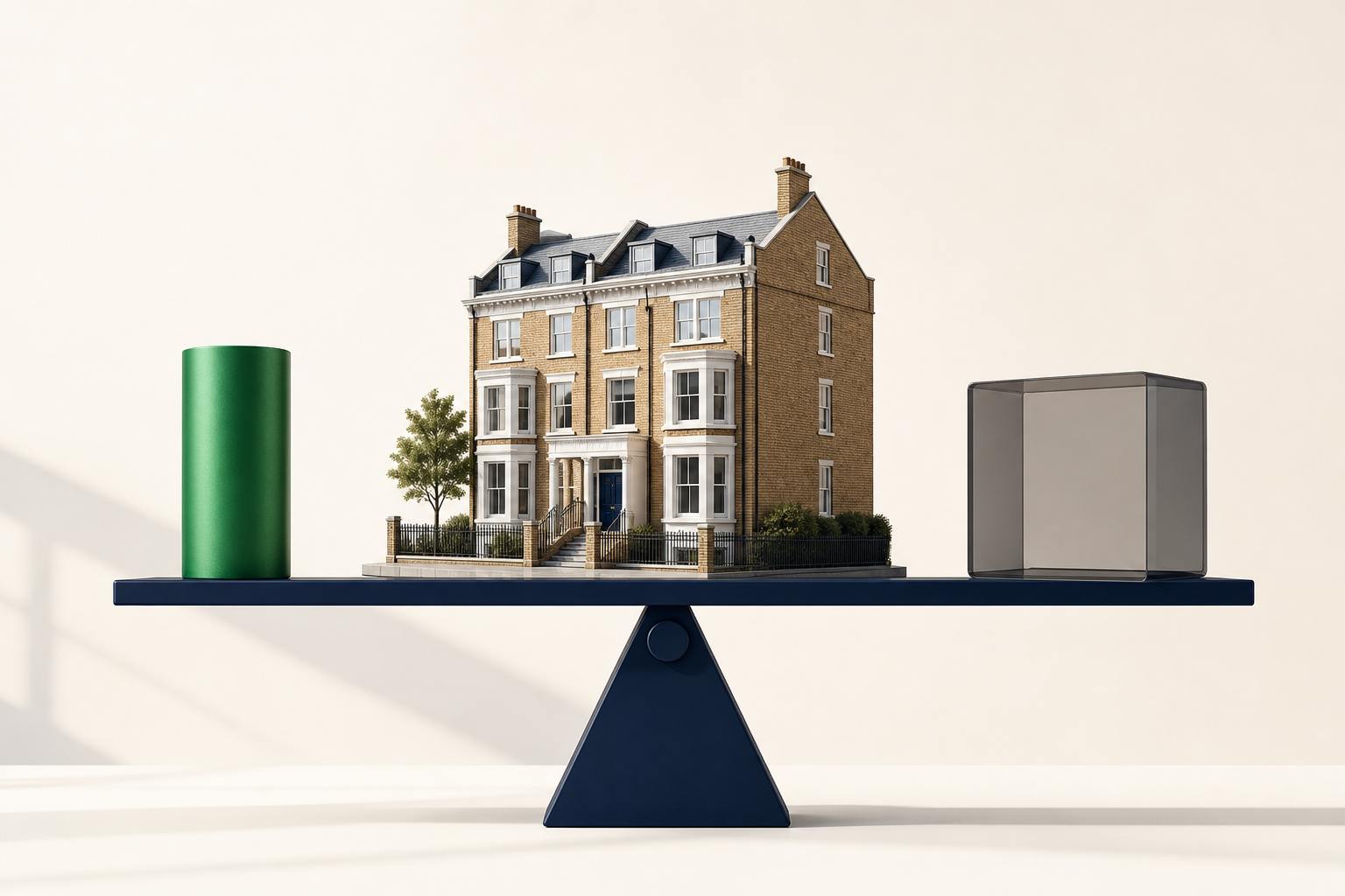 A detailed model of a period apartment building resting on a sleek navy balance beam, counterweighting green and acrylic geometric tokens.