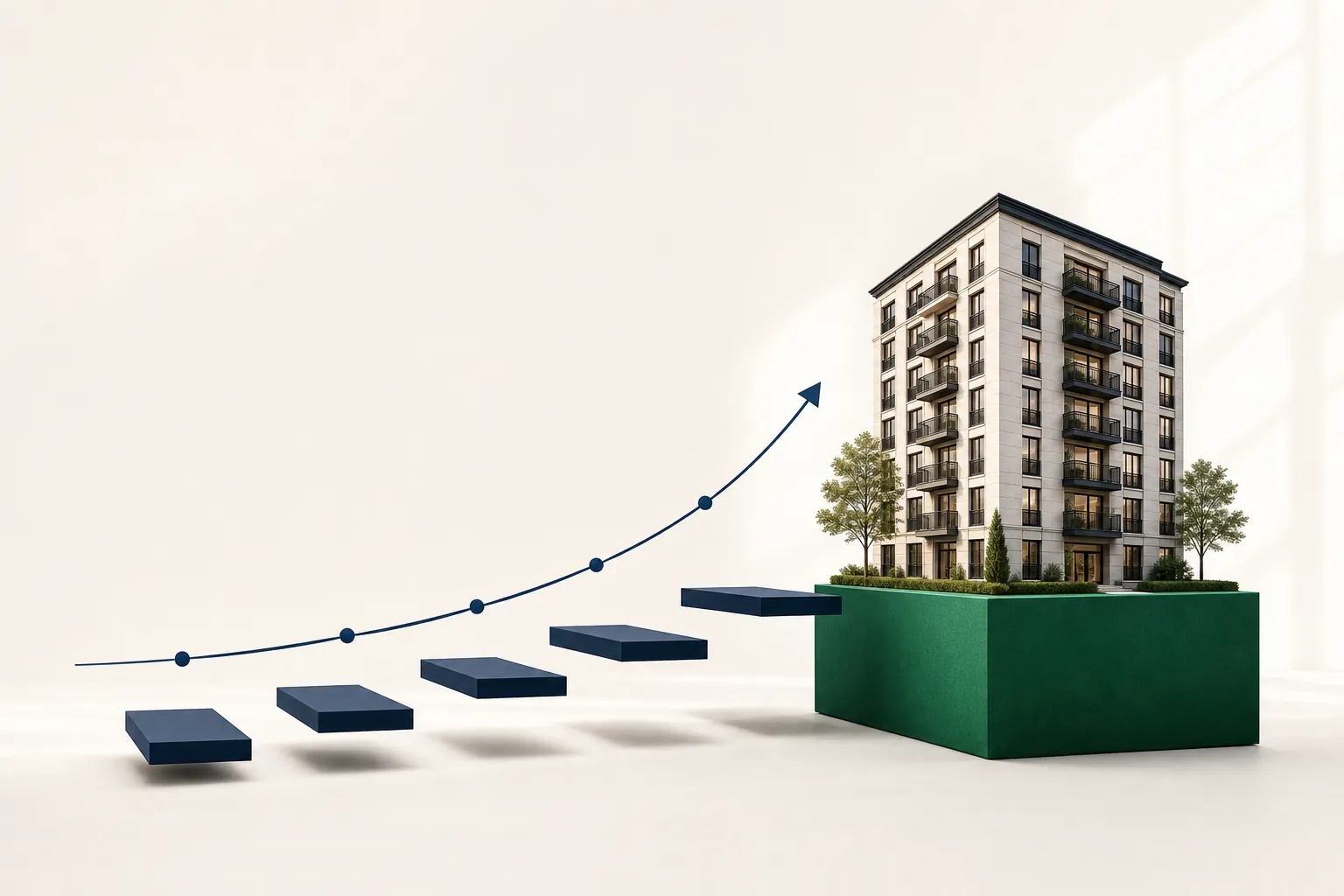 An architectural model of an apartment building atop a raised green plinth, preceded by ascending navy steps along a clean timeline.