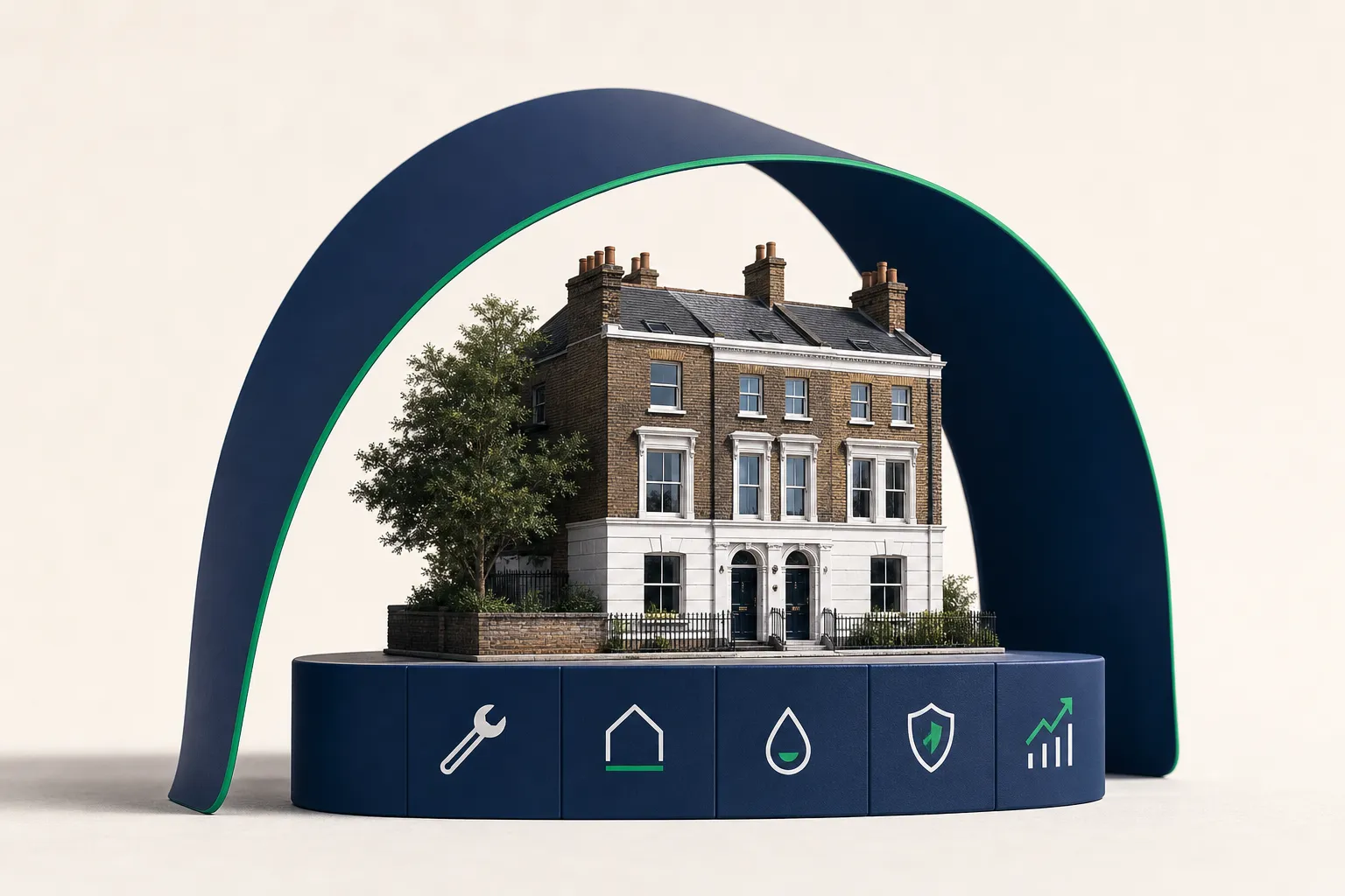 Miniature brick rental building sheltered beneath a sleek navy and emerald architectural canopy on a pale neutral background.