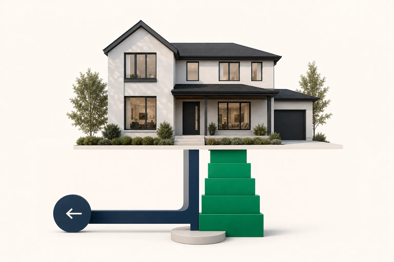 A modern rental home elevation set above a payment channel dividing into a navy cost outflow and a rising emerald green equity foundation block.