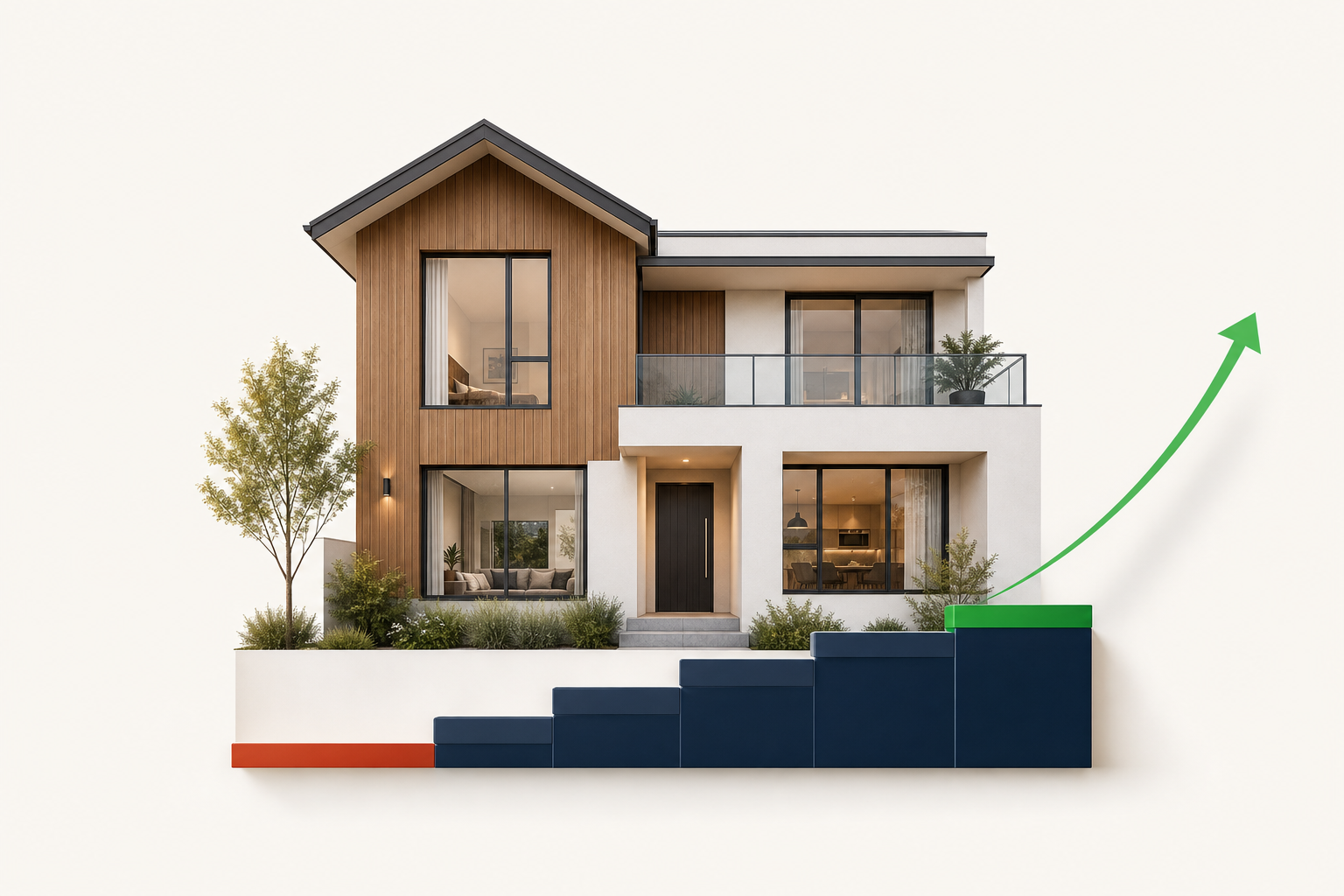 Architectural elevation of a modern rental house supported by stepped navy blocks lifting from a lower deficit line to a green tier on an off-white background.