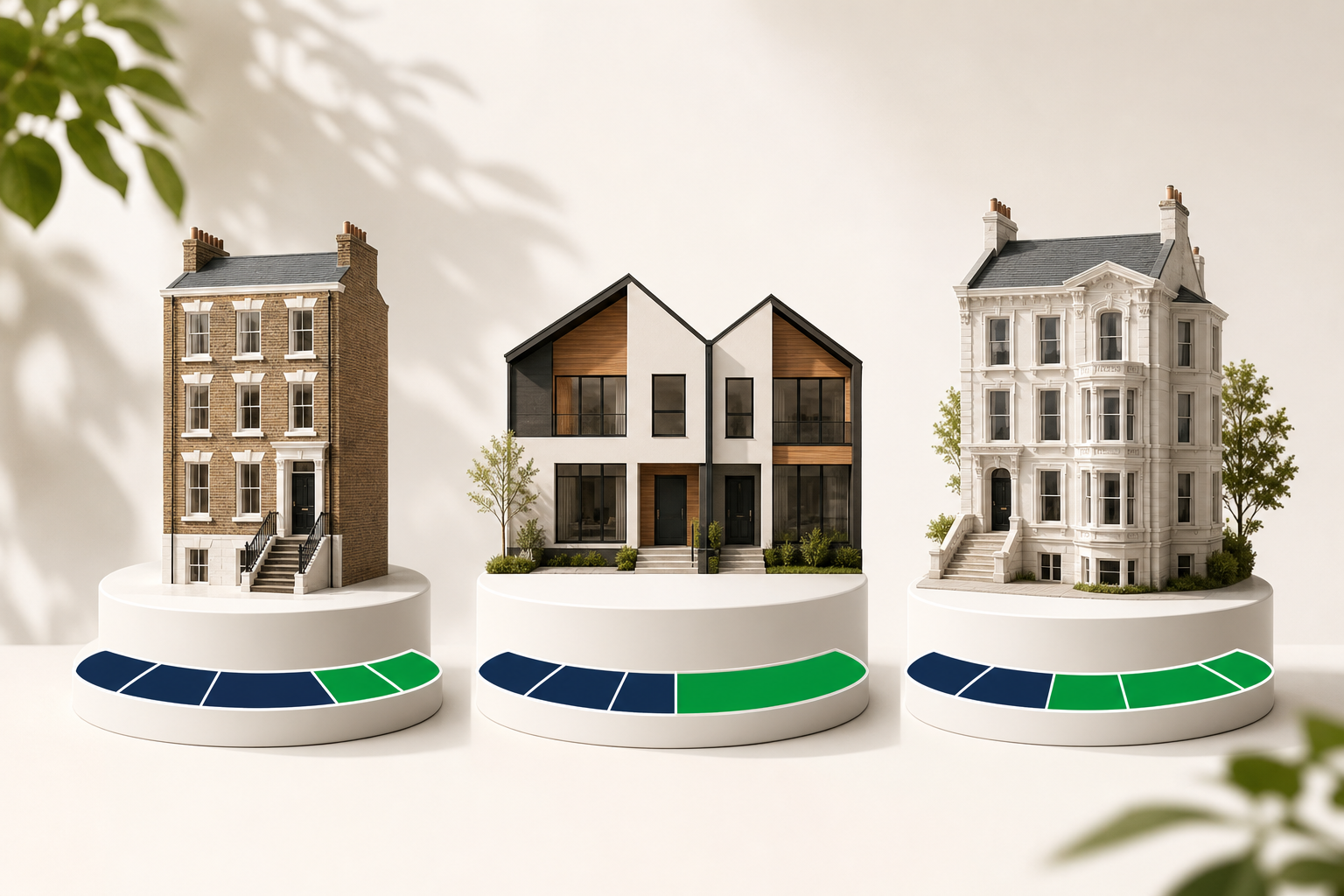 Three miniature rental property models on white circular plinths with navy and emerald ratio rings comparing operating efficiency.