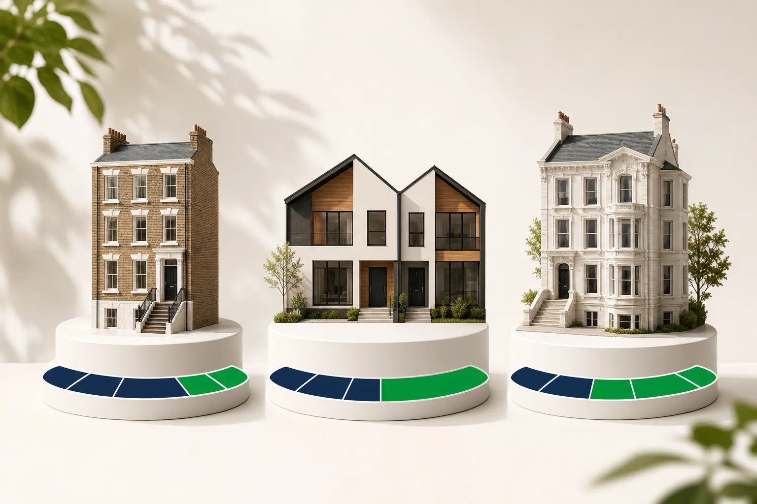 Three miniature rental property models on white circular plinths with navy and emerald ratio rings comparing operating efficiency.