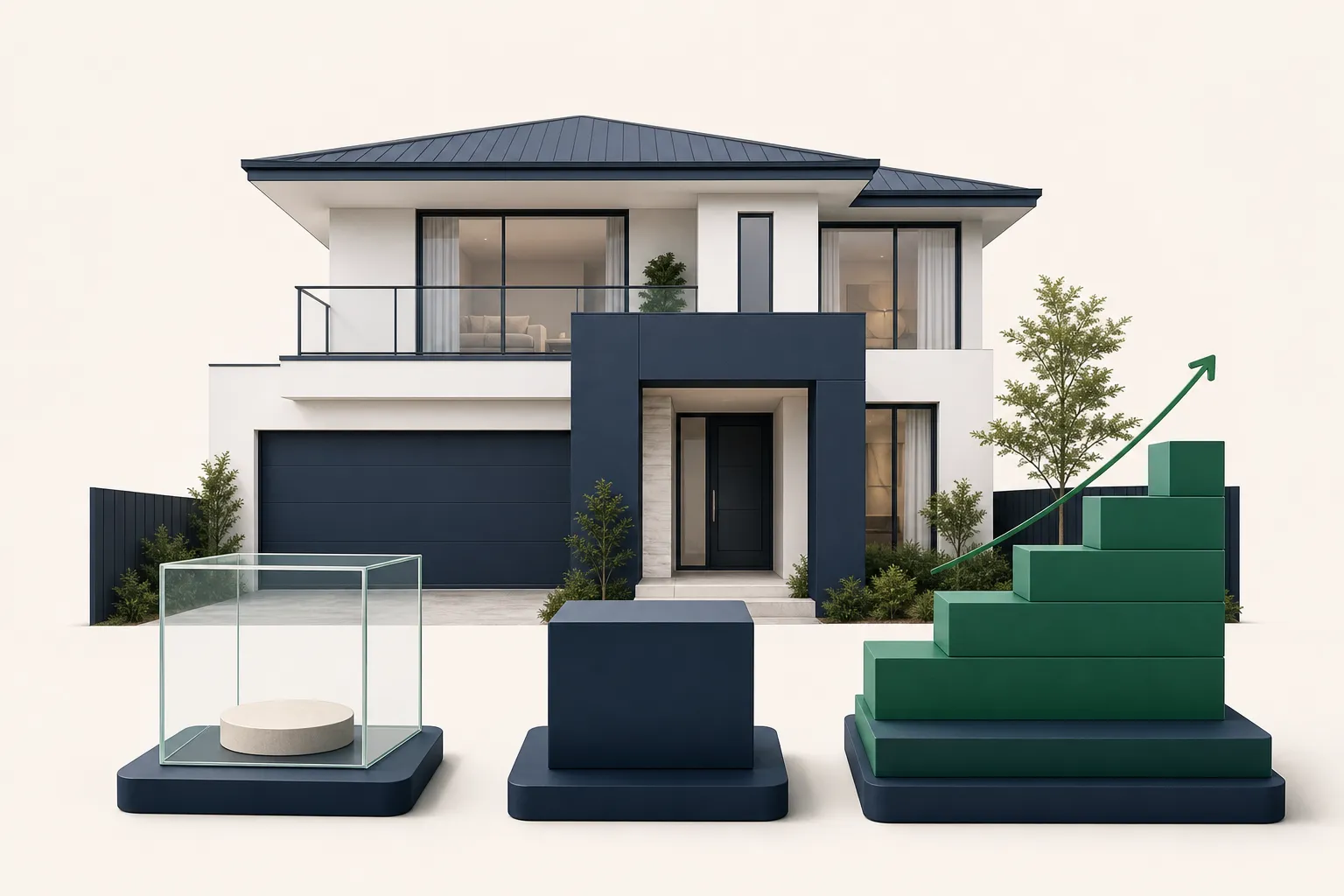 A modern rental home facade with three comparative financial pedestals: a clear glass box, a flat navy block, and a rising emerald green stepped plinth.