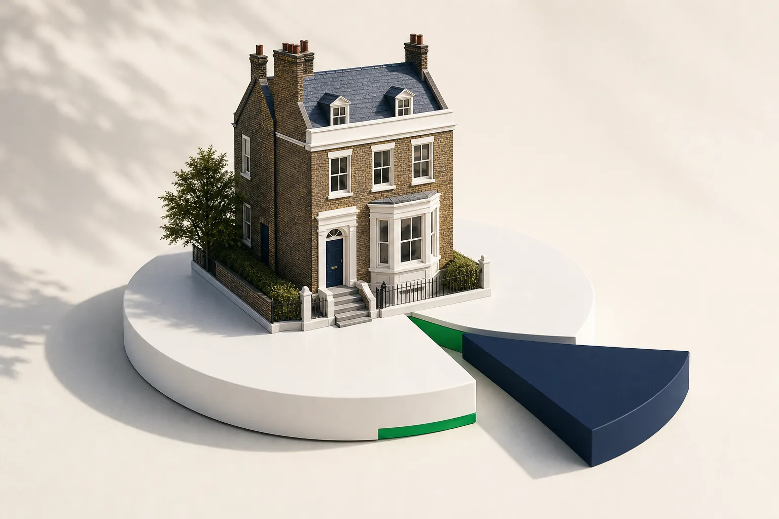 A miniature brick townhouse on a white circular base with a detached ten-percent navy wedge revealing an emerald edge against an off-white background.
