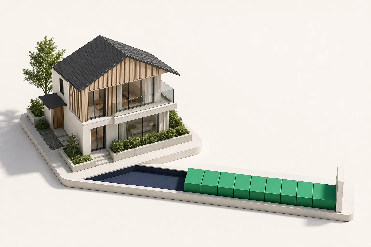 Architectural model of a modern rental house beside a linear recovery track filled with green blocks matching an initial navy foundation.