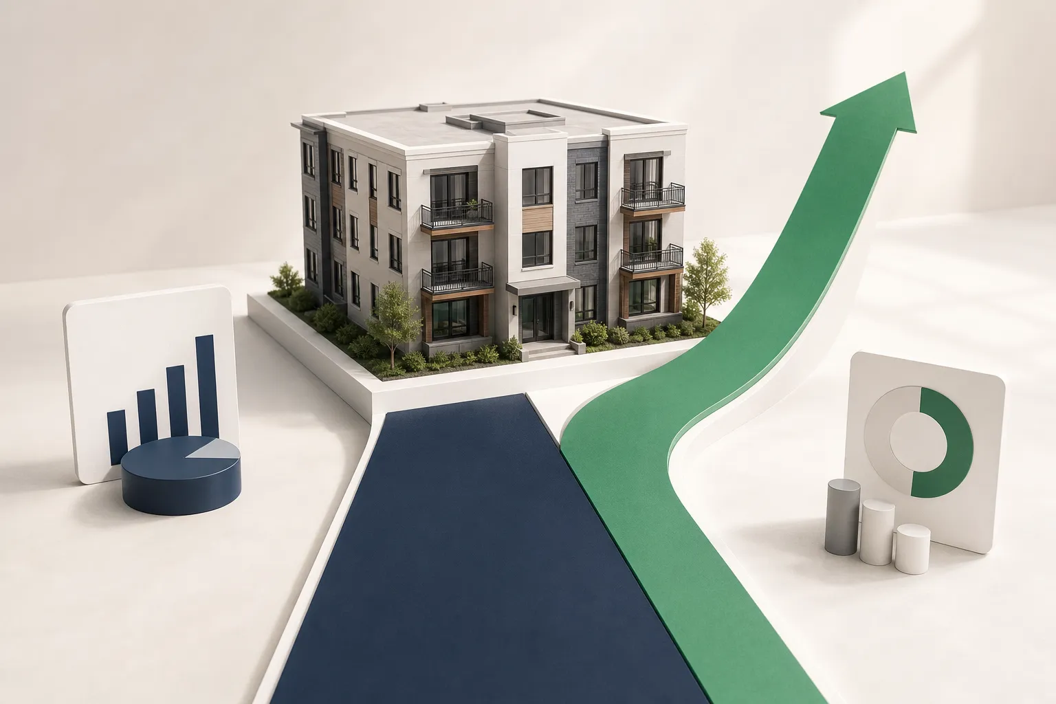 A miniature multifamily building resting on a geometric base that splits into a flat navy path and a rising emerald green ramp in a studio setting.