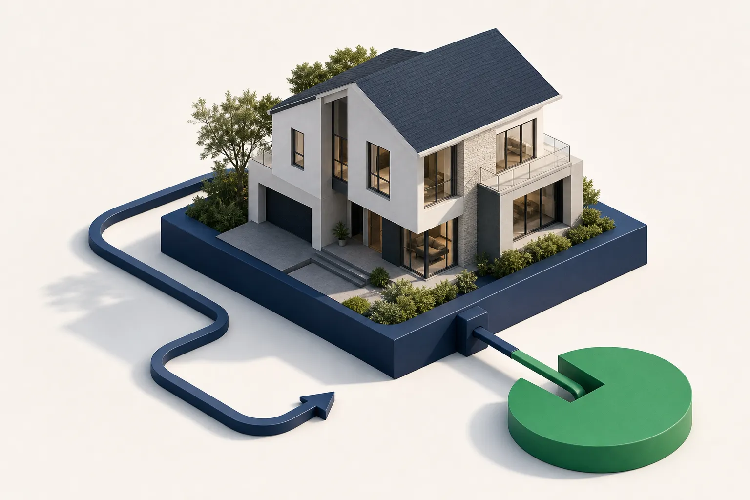 Architectural model of a modern rental home on a navy slab with two conduits showing utility cost bypass versus internal cash-flow deduction.