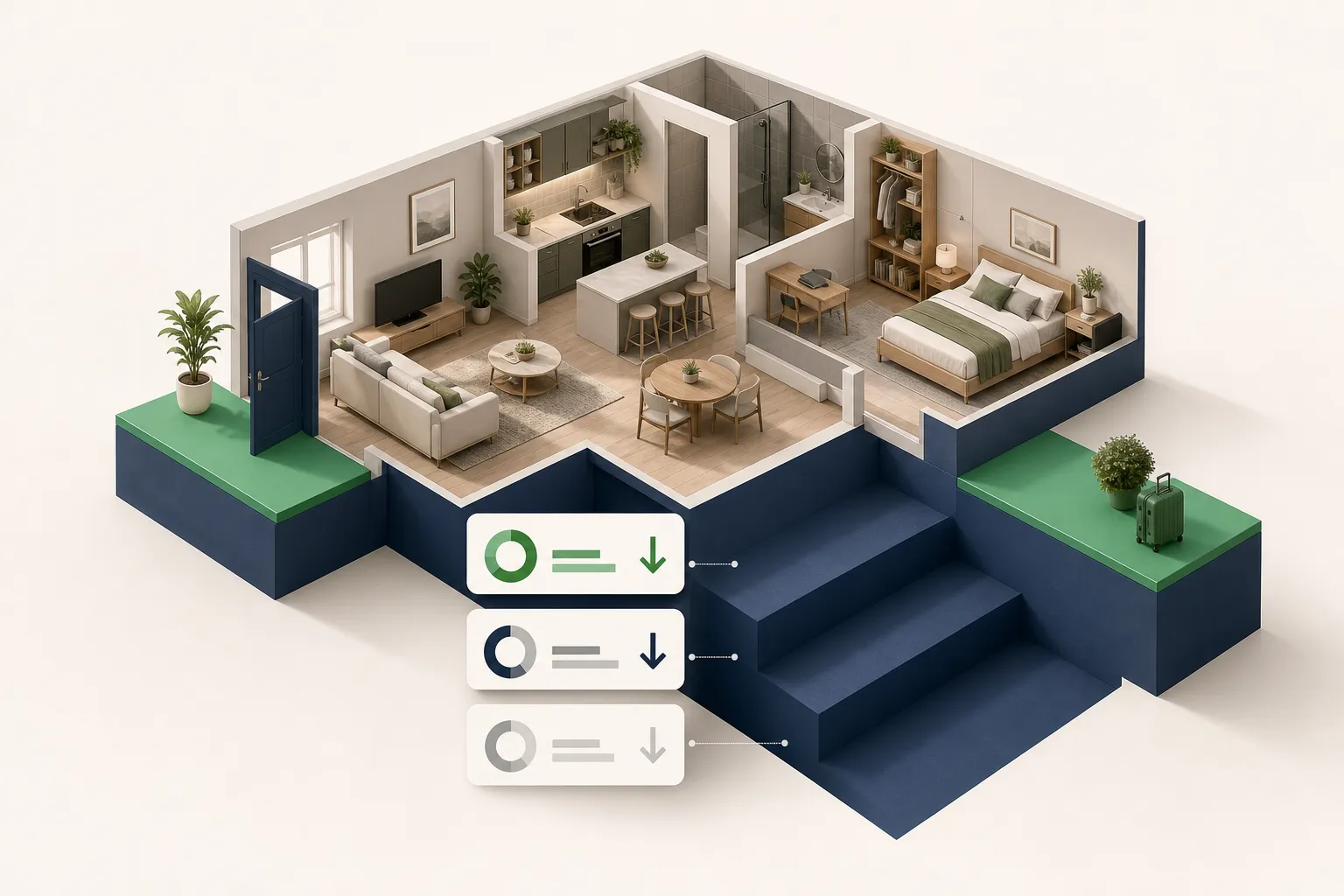An isometric cutaway of a miniature city apartment resting on a navy stepped base showing three descending turnover expense layers across a vacancy gap.