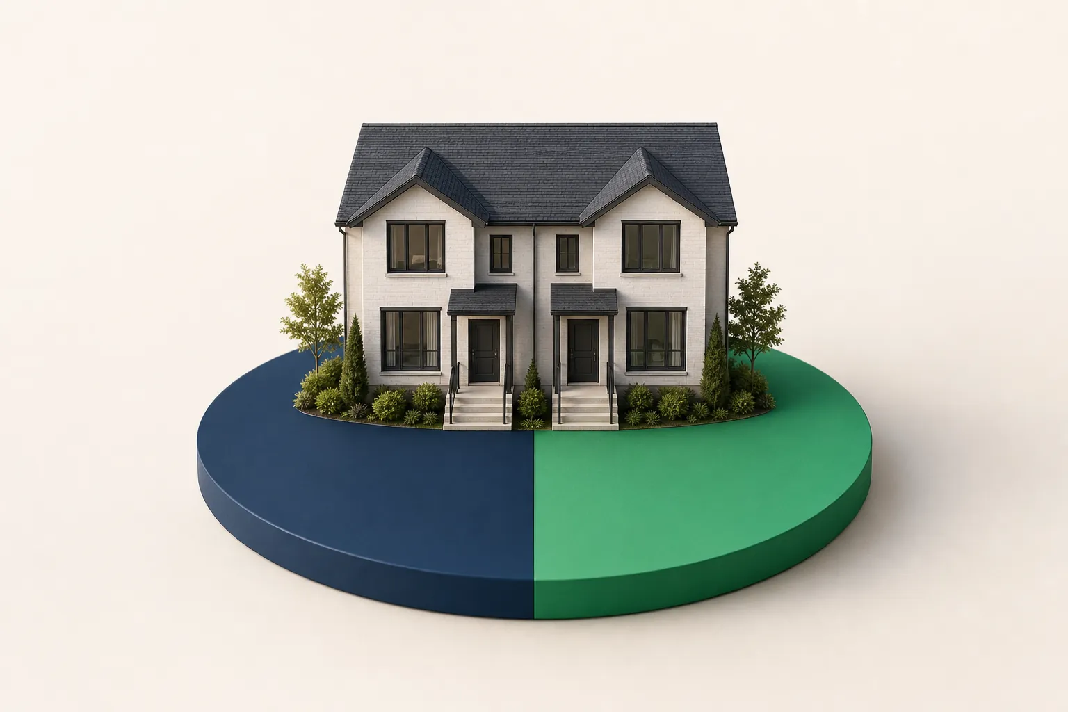 An architectural miniature duplex resting on a minimalist circular base split precisely in half between navy blue and emerald green.