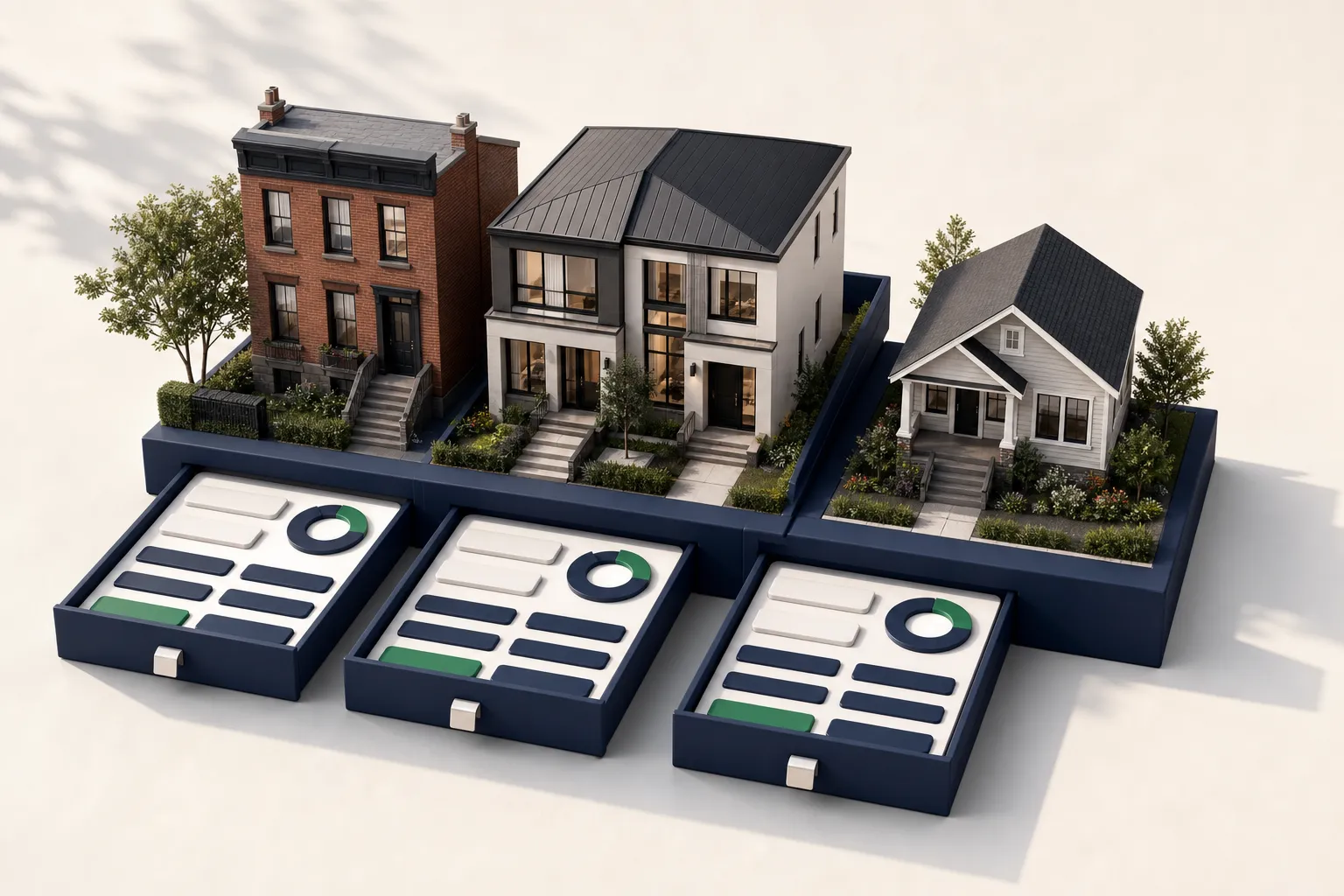 An architectural row of three miniature rental properties set atop structured pull-out ledger trays with navy and emerald status blocks on an off-white background.