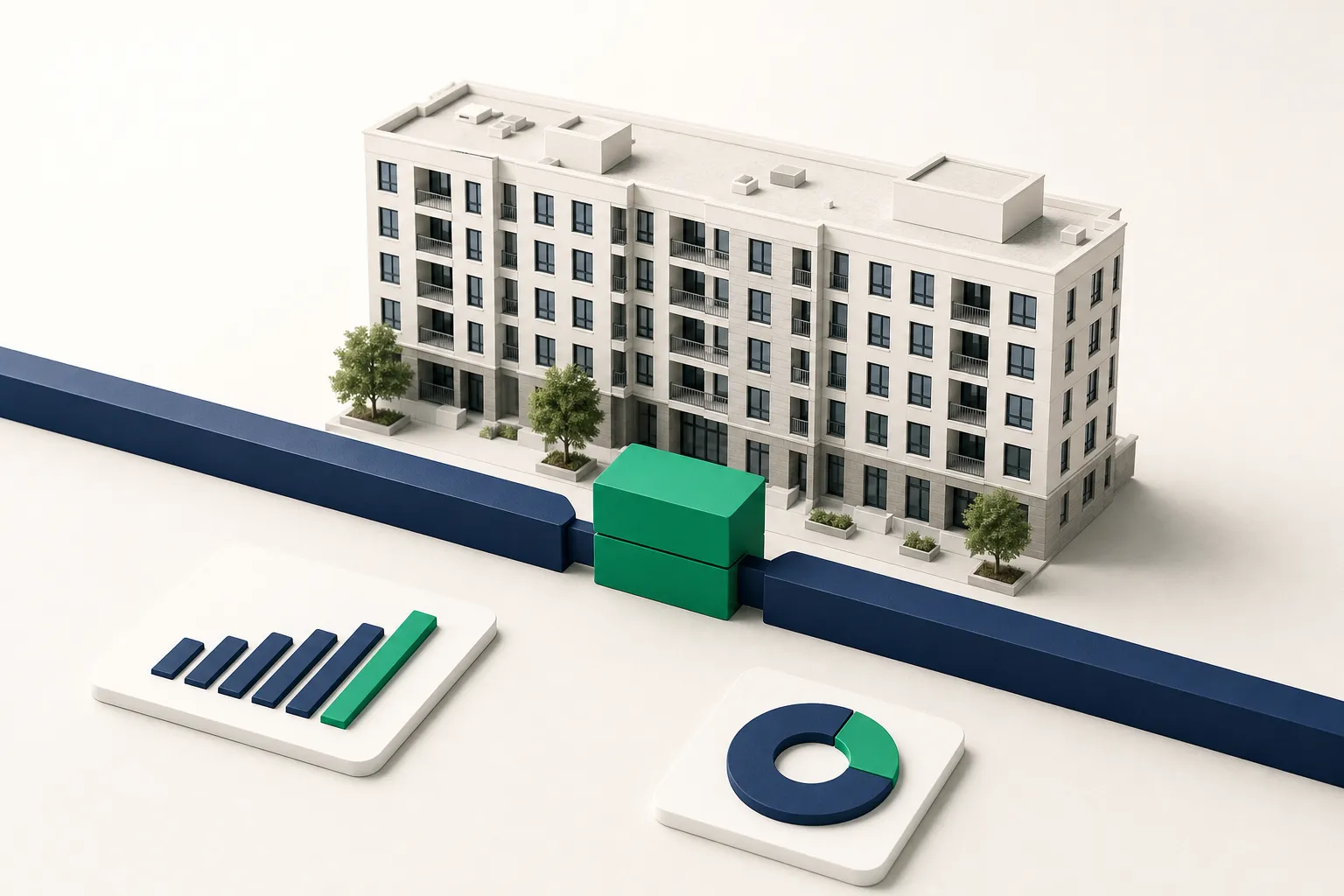 An architectural model of a city apartment building alongside a split navy cash flow track bridged by a two-tiered emerald green support block.