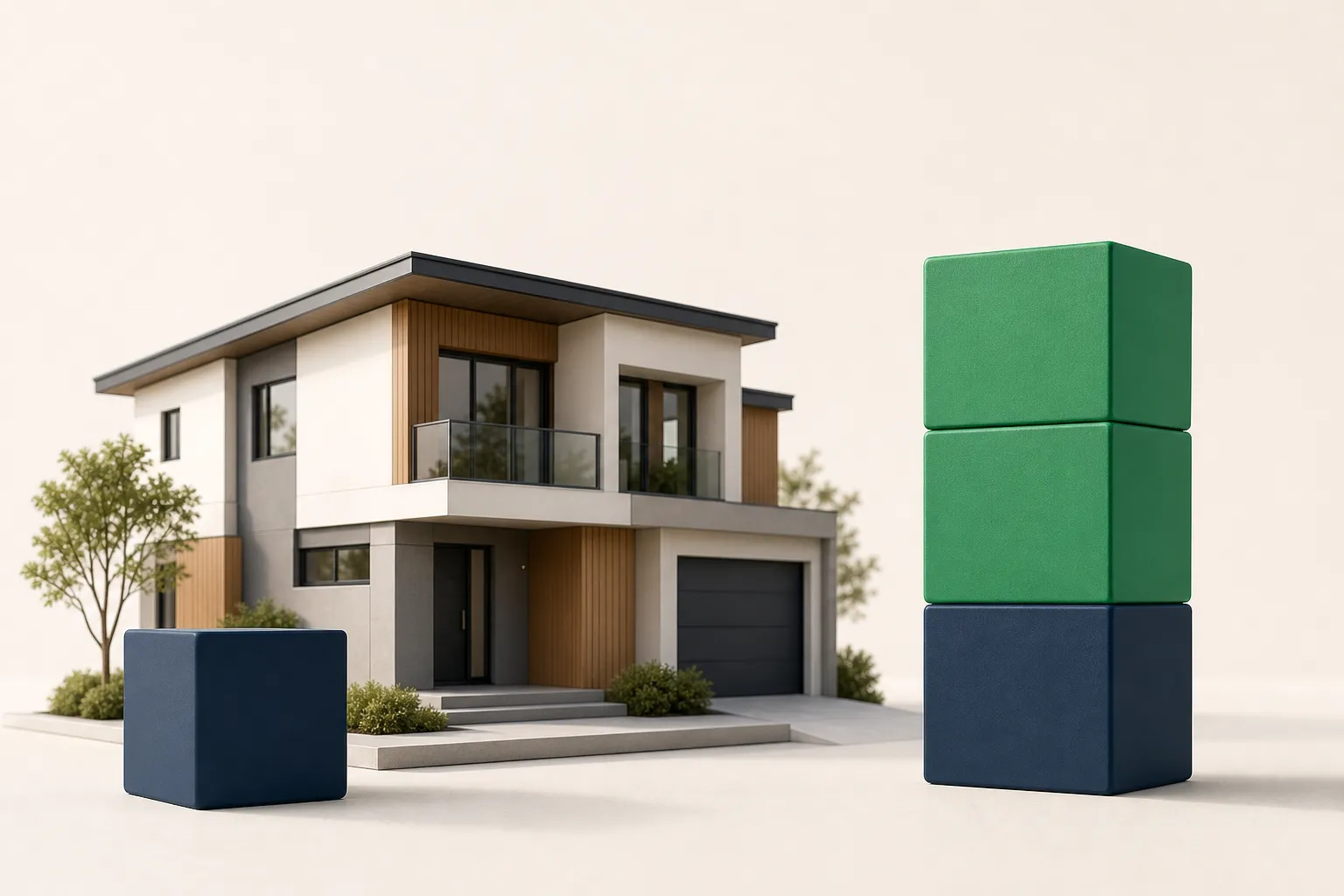 An architectural model of a modern rental home next to a navy base block and a tall stacked column of navy and emerald green blocks.
