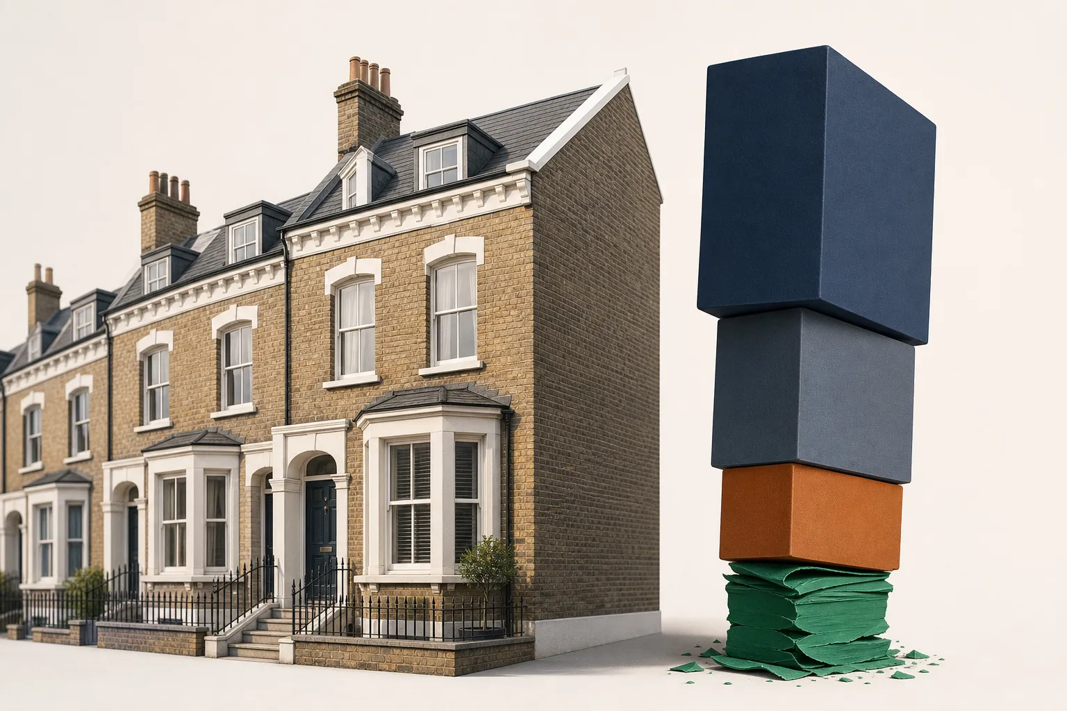 Architectural model of a brick townhouse beside a vertical financial pillar being compressed by three stacked geometric cost blocks on an off-white background.