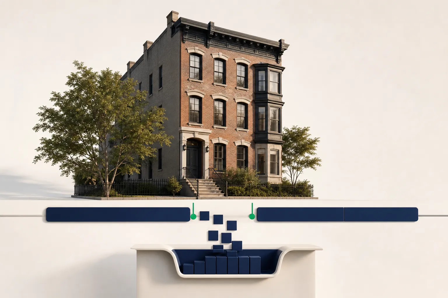 Architectural model of an urban rental townhouse above a linear vacancy timeline with stacked navy blocks showing daily holding expenses.