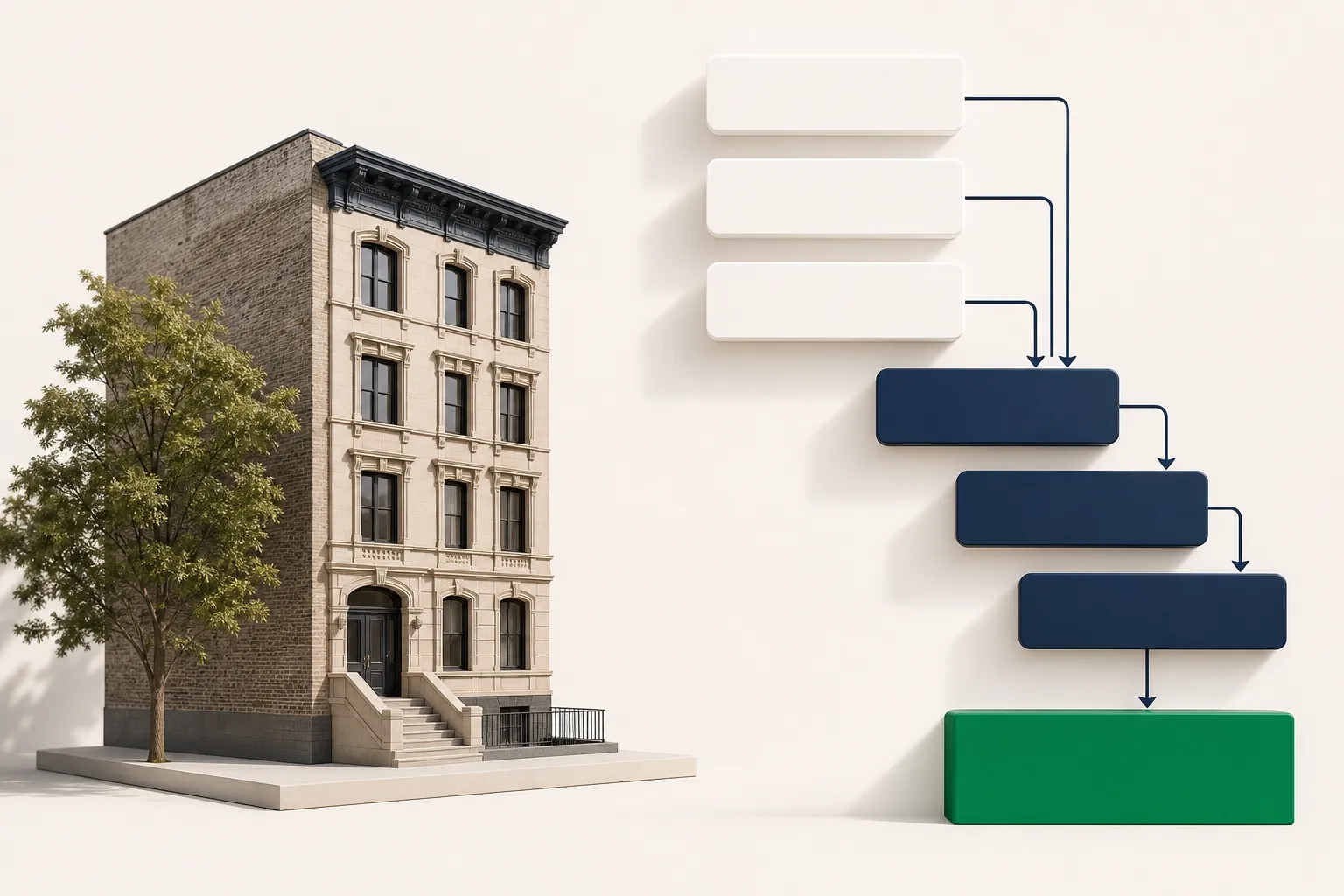 An architectural model of an urban rental building beside a cascading multi-tier geometric ledger leading to an emerald bottom plinth in a bright studio.