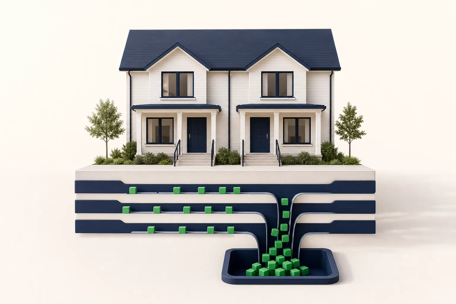 Architectural duplex model set above horizontal tiered component tracks that channel small emerald blocks into a navy reserve basin on a pale background.