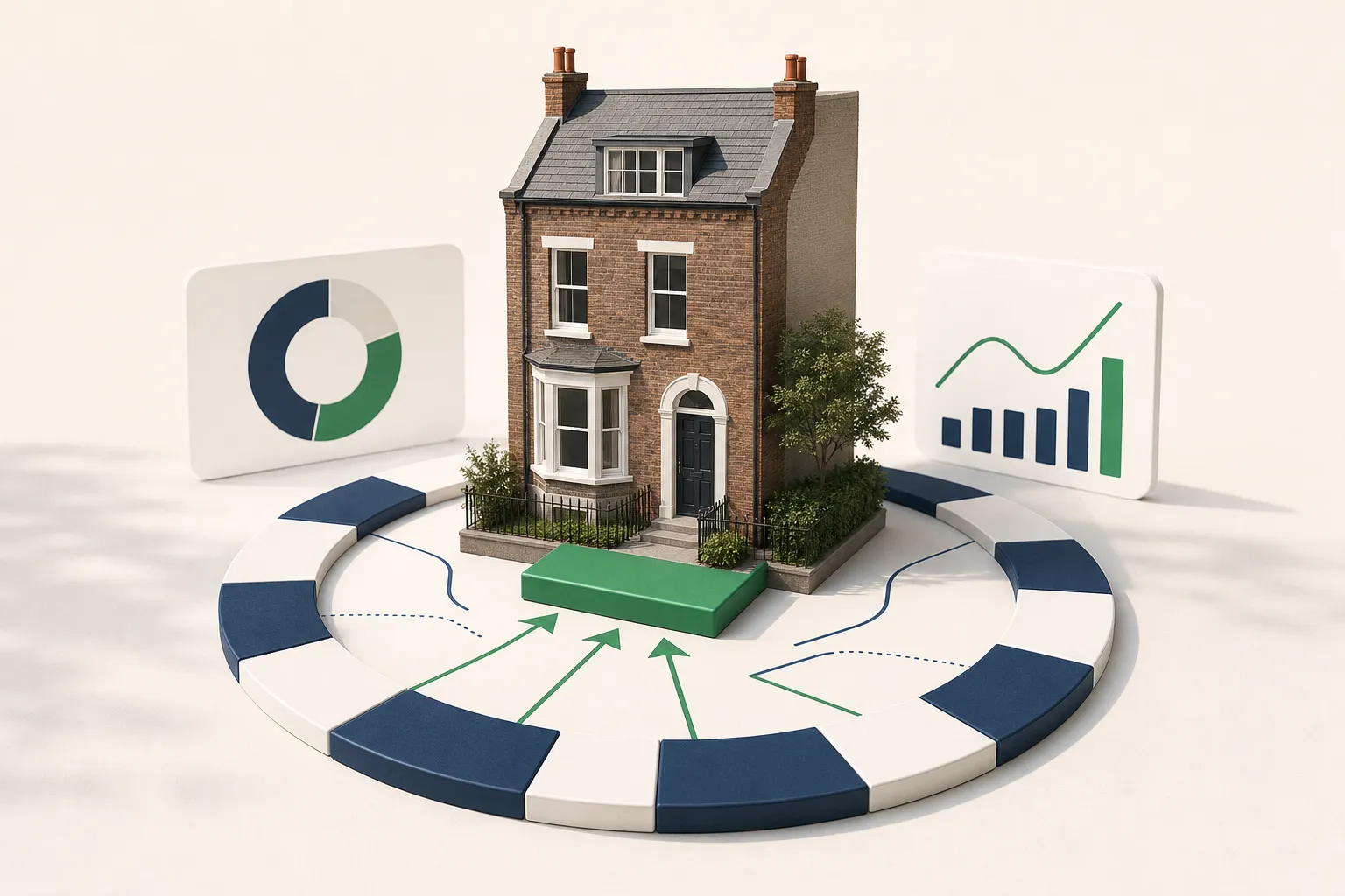 An isometric miniature brick townhouse surrounded by a 12-segment circular audit ring leading to a solid emerald green net yield plinth on an off-white background.